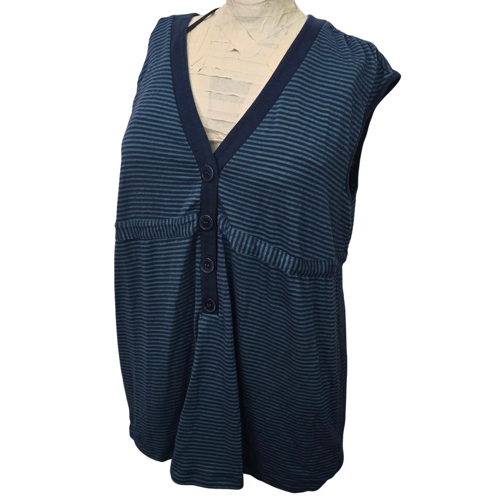 Ella Moss Top Womens Large‎ Green Blue Striped V-Neck Button Made in USA Y2K
